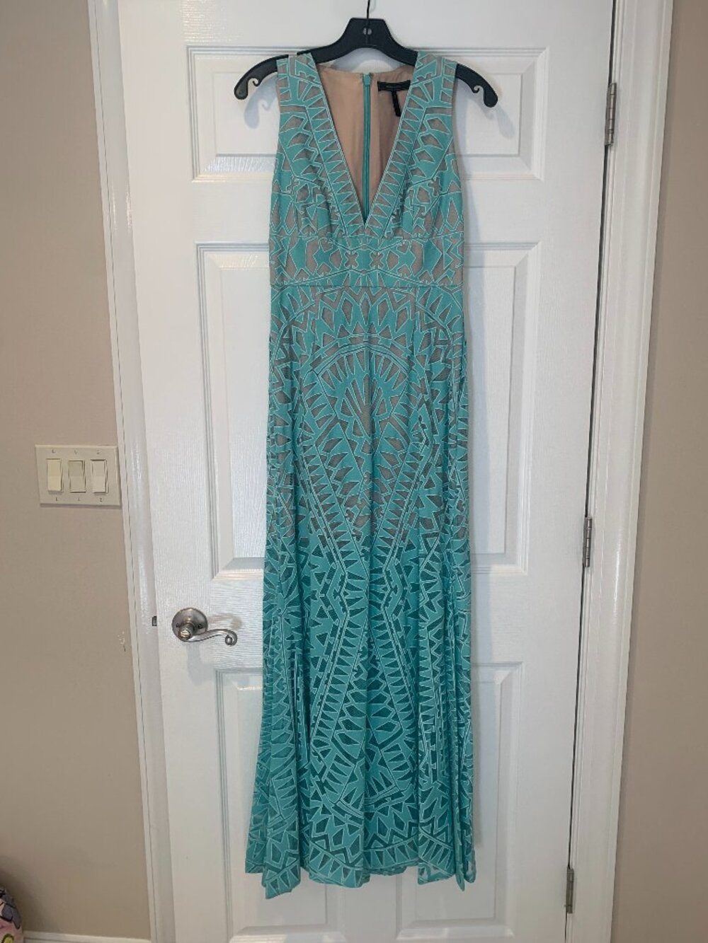 BCBG Max Azria Aqua Lace Formal Gown Nude Illusion Sheer Maxi Dress 6